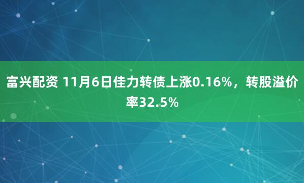 富兴配资 11月6日佳力转债上涨0.16%，转股溢价率32.5%
